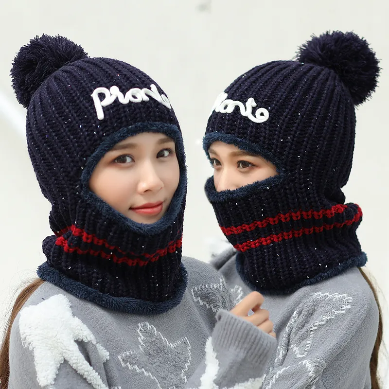 Women's Winter Windproof Fleece Warm Knitted Hat - Navy Blue