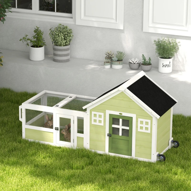 64 Inch Rabbit Hutch With Asphalt Roof, Handle, Wheels, Multicolo