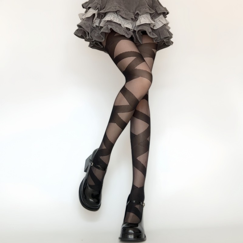Lolita Cross Bandage Pantyhose, Over-knee Hollow Semi-sheer Bandage Stockings, Gothic Lolita Mesh Socks