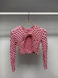 New Style Irregular Pleated Slim-fit Short Long-sleeved Cardigan Top - Pink - View 1