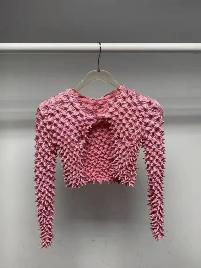New Style Irregular Pleated Slim fit Short Long sleeved Cardigan Top Pink - Shop at LoveMi