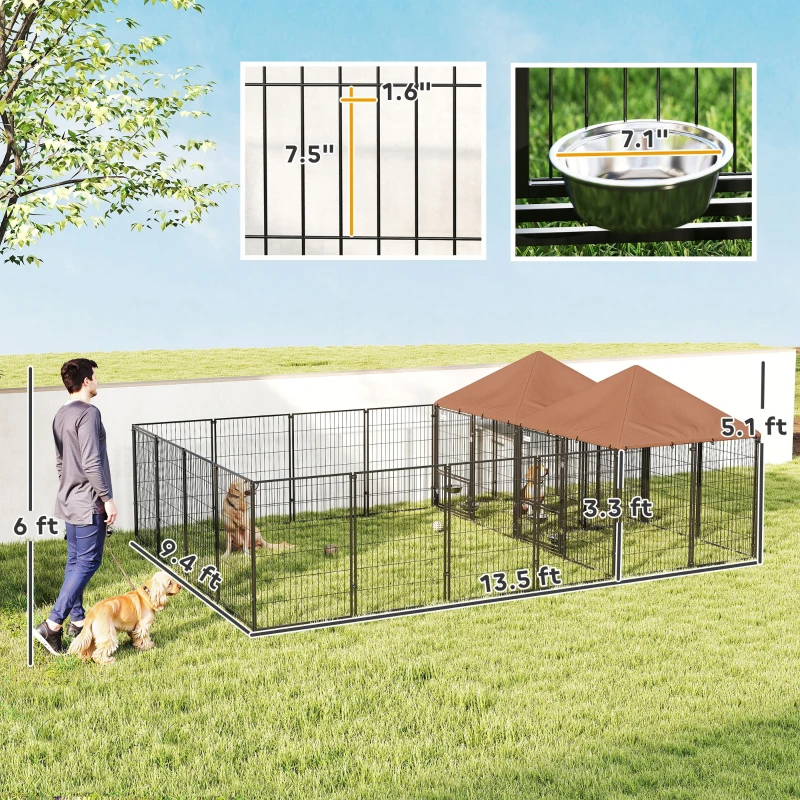 Large Outdoor Dog Kennel With 2 Rooms, Rotating & Adjustable Height Bowls, Multiple Packages Will Be Shipped Please Pay Attention To The Dimensions And Weight In The Details.