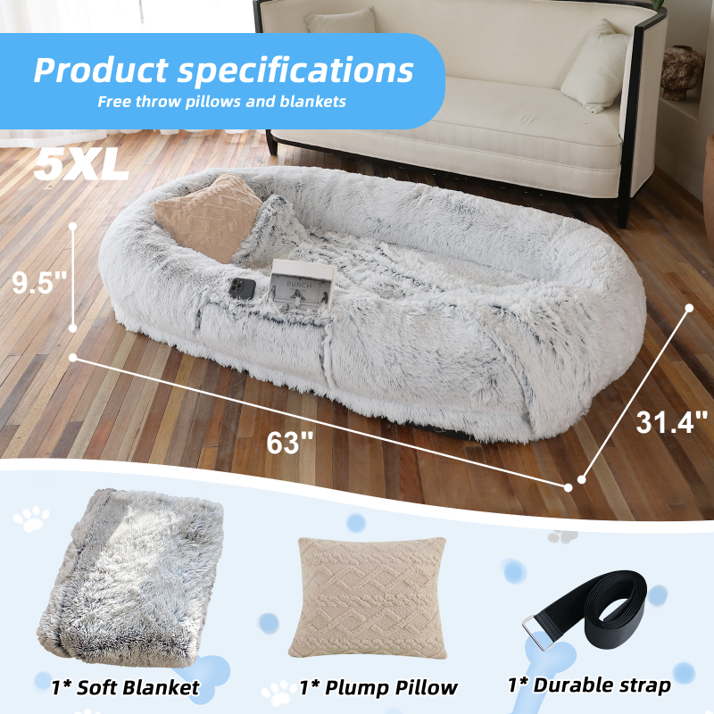 Human Dog Bed, 63''x31.4''x9.5'' Size Fits You And Pets, Washable Faux Fur Dog Bed For People Doze Off, Napping Orthopedic Dog Bed, Present Plump Pillow, Blanket, Strap - Grey 5