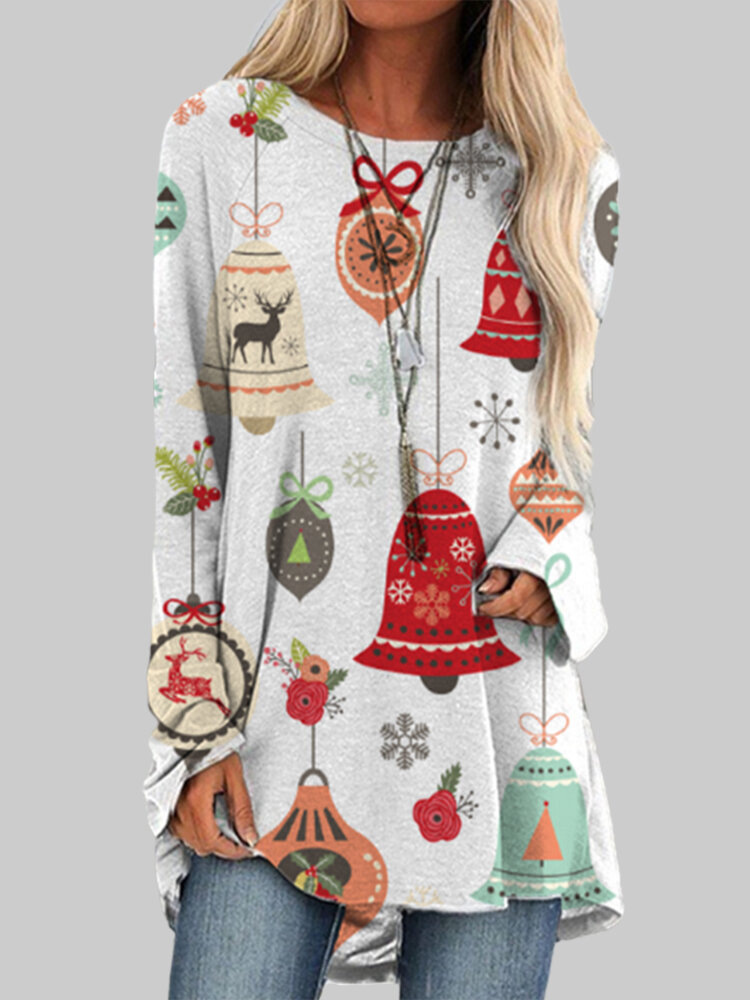Ladies Christmas Print Big Sleeve Pullover T-shirt