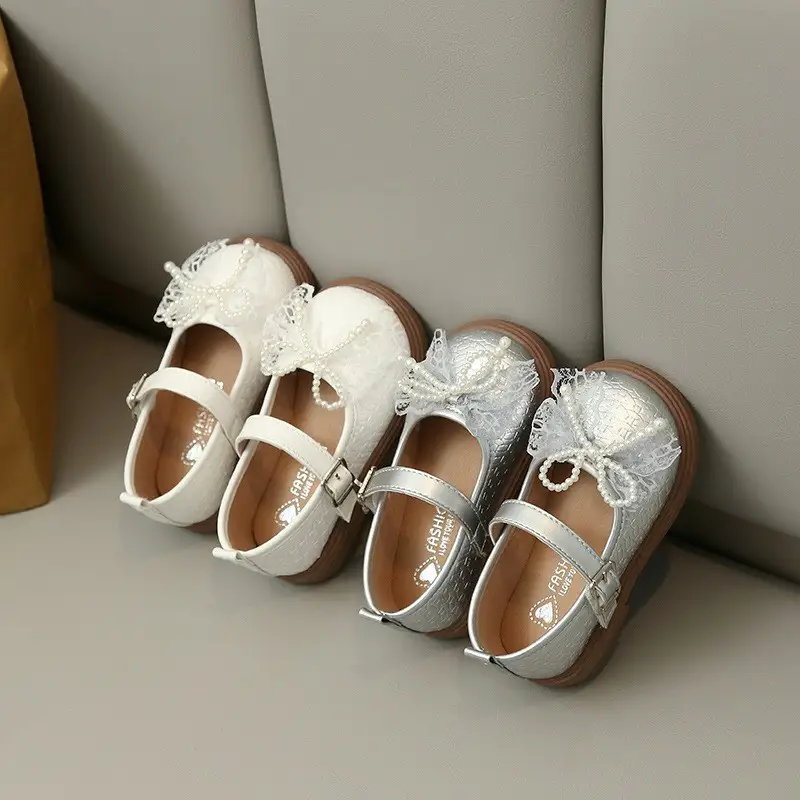 2026 Spring & Autumn New Girls' Leather Shoes, Fashion Beaded Bow Princess Style Flats, Lace Mary Jane Shoes