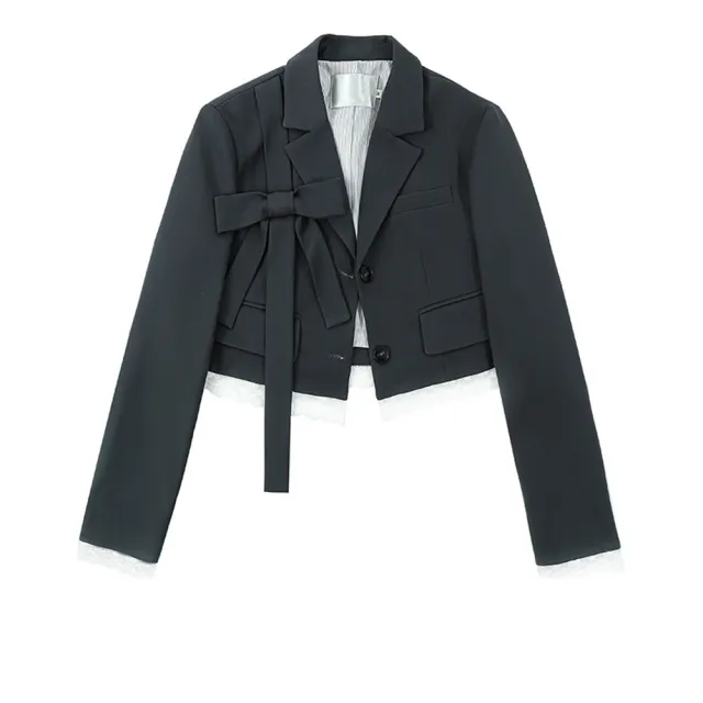 Women's Small Suit Lace Trim Bow Short Jacket Black - Shop at LoveMi