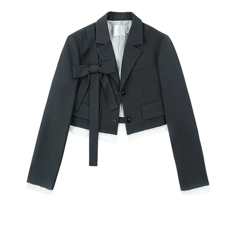 Women's Small Suit Lace Trim Bow Short Jacket - Black