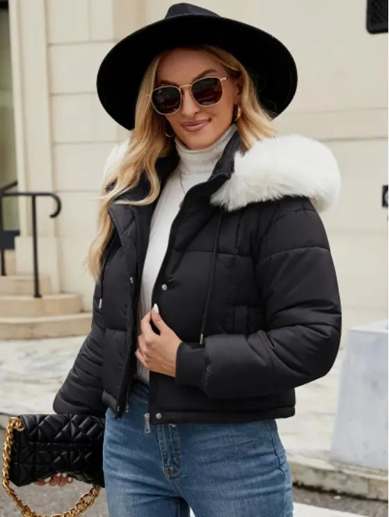 Women's Chic Mint Green Puffer Jacket With Faux Fur Trim Hood Black - Shop at LoveMi