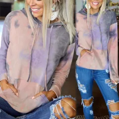 Tie-Dye Printed Long-Sleeved Hooded Lace-Up Sweatshirt - Khaki Tiedye - View 1