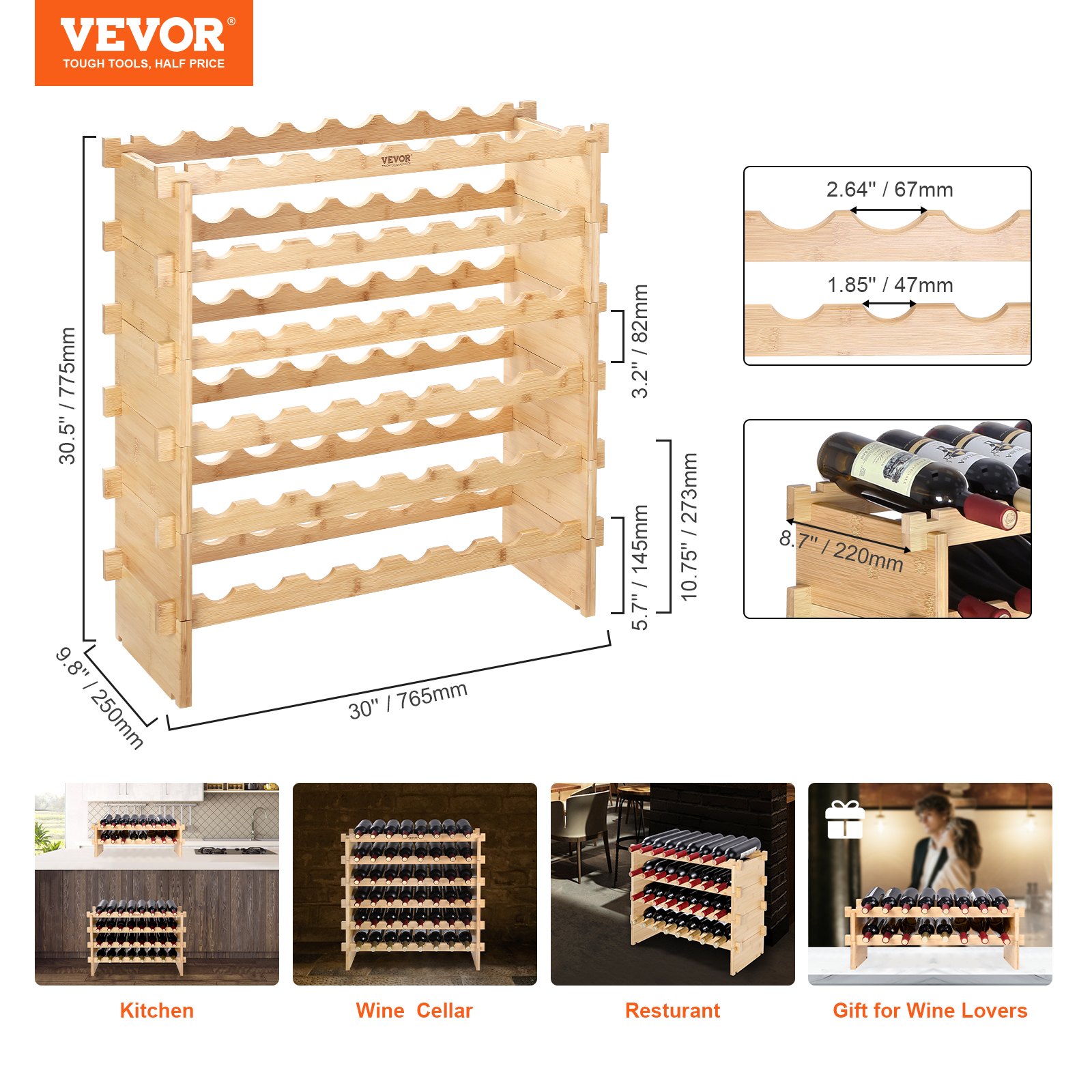 VEVOR 48 Bottle Stackable Modular Wine Rack Bamboo Wood Display Shelf 6-Tier image 2