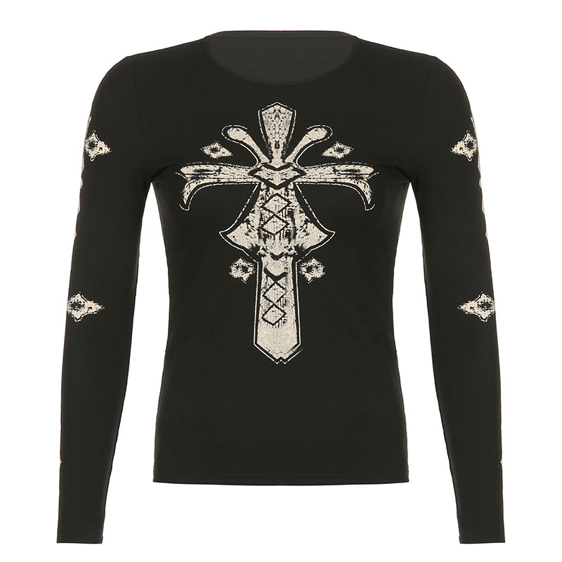 Contrasting Cross Print Slim Round Neck Pullover Top