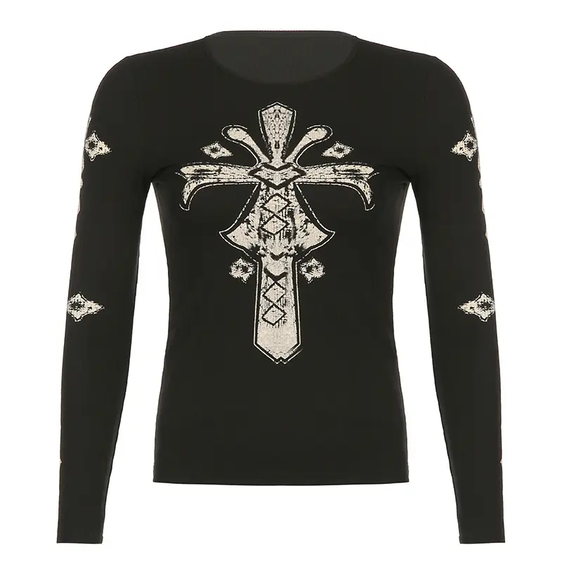 Contrasting Cross Print Slim Round Neck Pullover Top