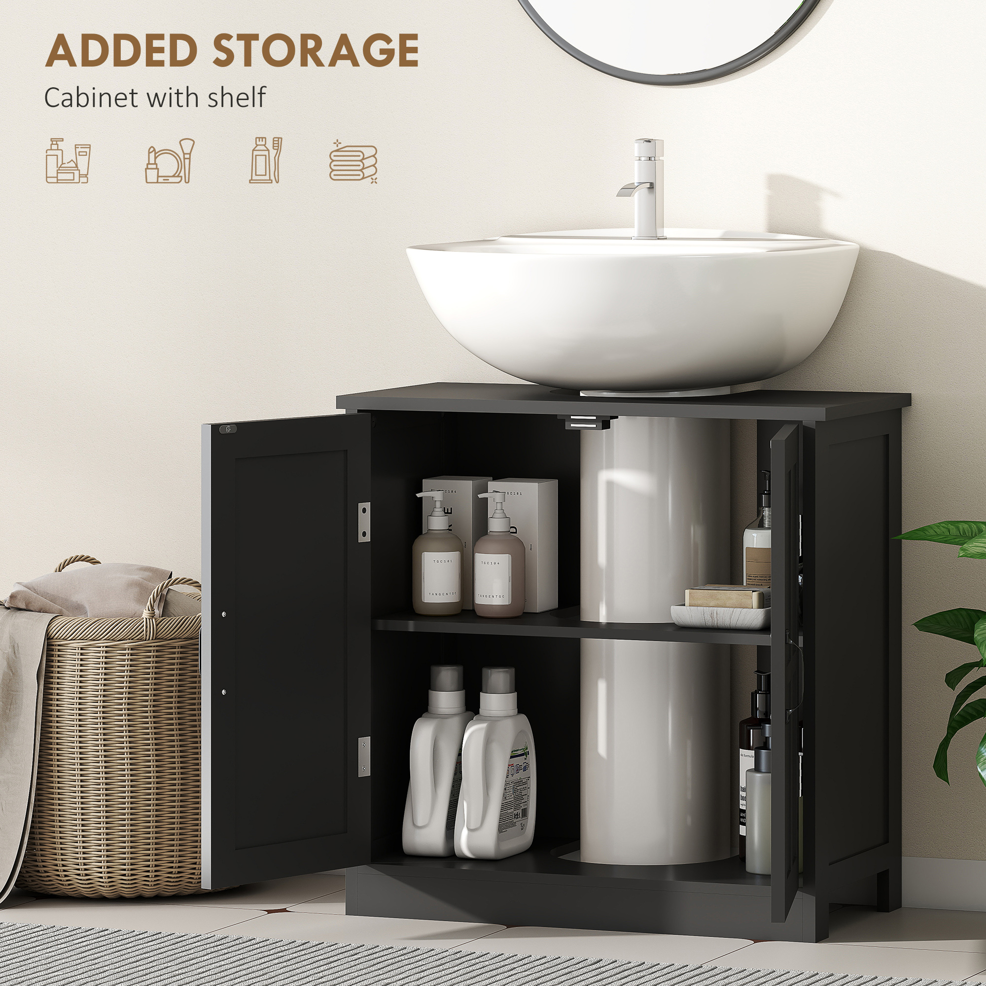 Bathroom Sink Cabinet, Pedestal Sink Cabinet With Adjustable Shelf, Black