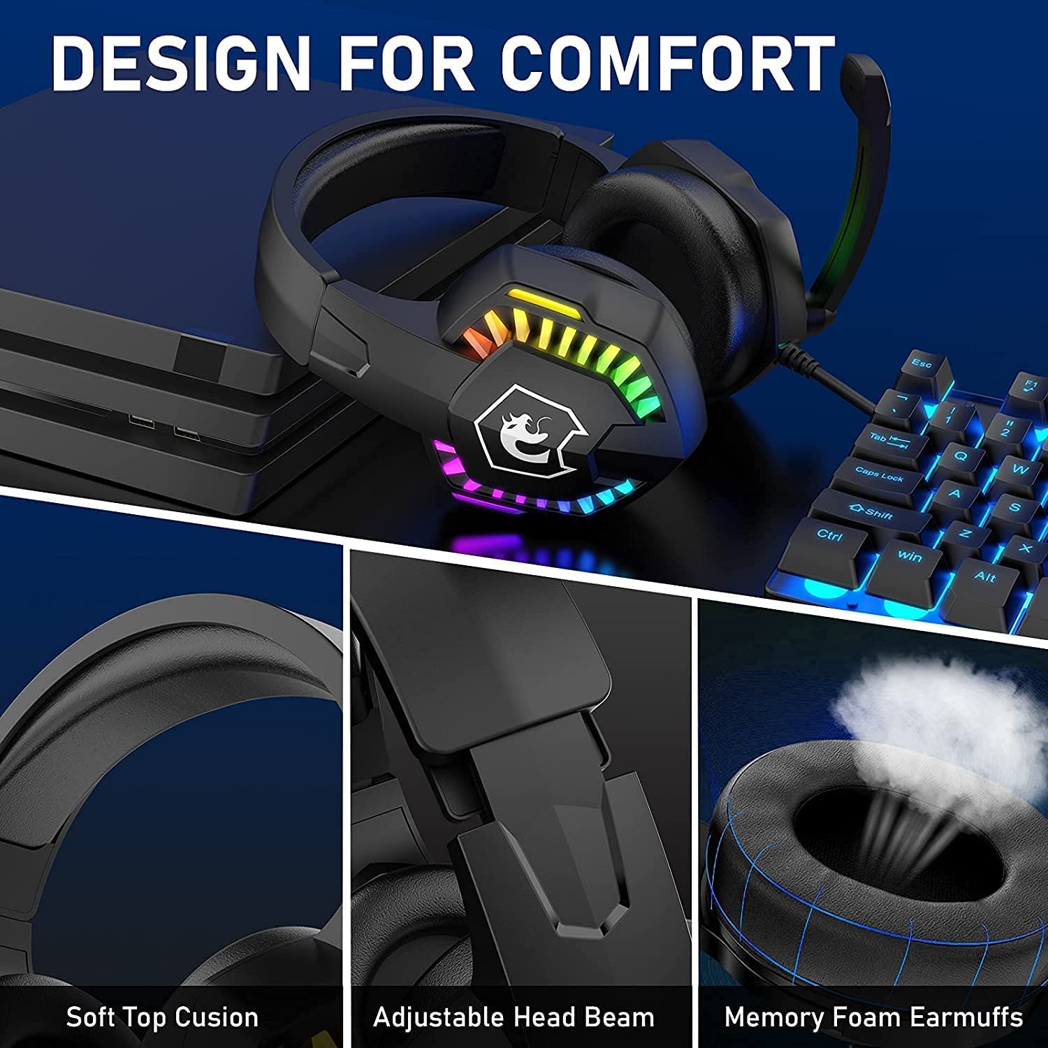 Wired Gaming Headset With Rainbow RGB Backlight Retractable Stereo Sound For PS4