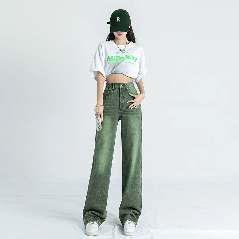 Women's High Waist American Style Straight Retro Jeans - Green Trousers