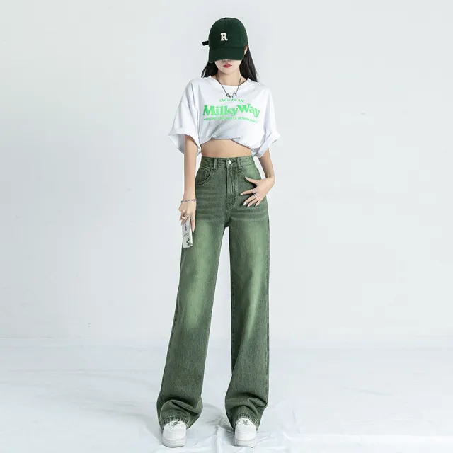 Women's High Waist American Style Straight Retro Jeans Green Trousers - Shop at LoveMi