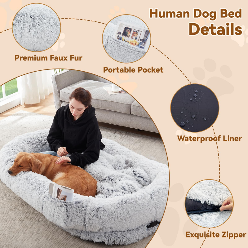 Human Dog Bed, 63''x31.4''x9.5'' Size Fits You And Pets, Washable Faux Fur Dog Bed For People Doze Off, Napping Orthopedic Dog Bed, Present Plump Pillow, Blanket, Strap - Grey 6
