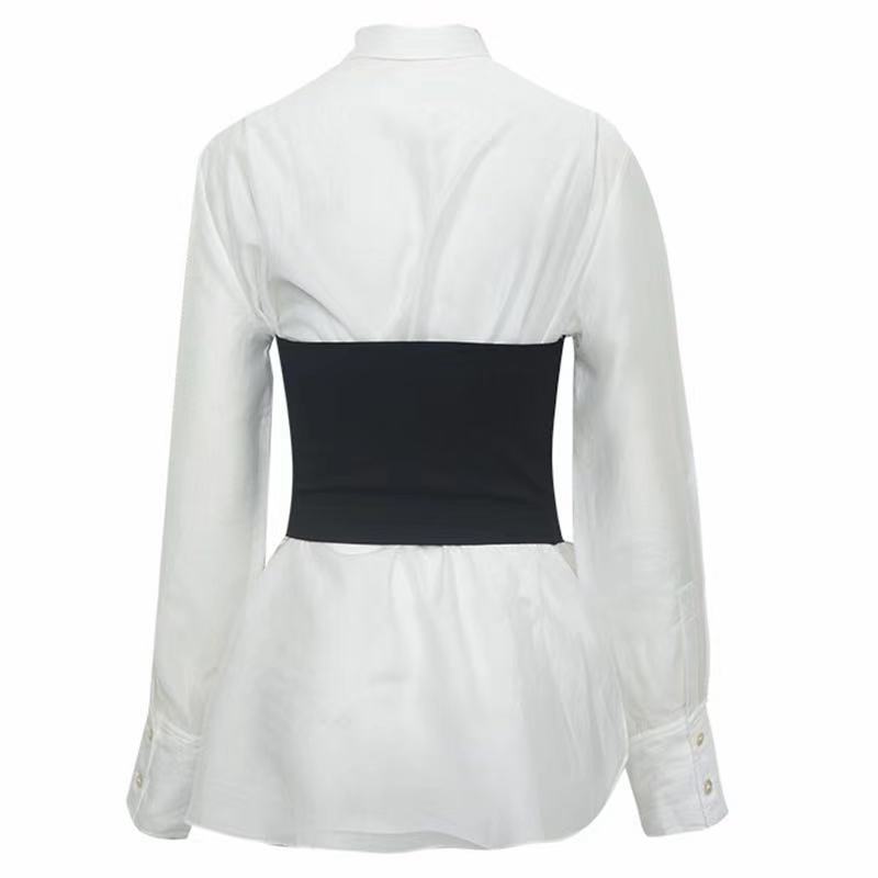 Black And White Contrast Color Waist Long-sleeved Shirt Top