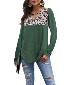 Ladies T-Shirt Crew Neck Leopard Print Panel Long Sleeve Loose Top - Dark Green - View 1