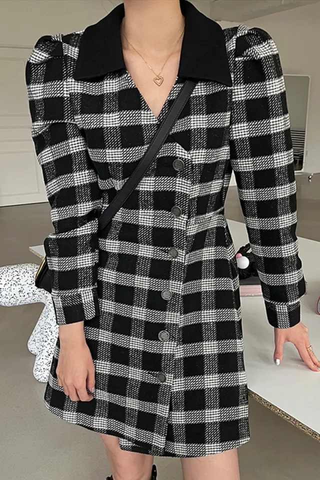 Vintage Color Contrast Check Pattern Waist Closing Bubble Sleeve Dress For Women Black Grey Grid - Shop at LoveMi