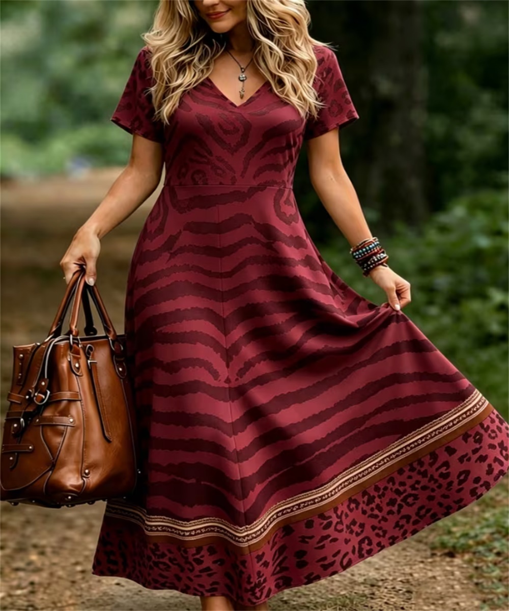 Robe mi-longue femme à col en V, rayures tigre rouge bordeaux et imprimé patchwork léopard Flowy