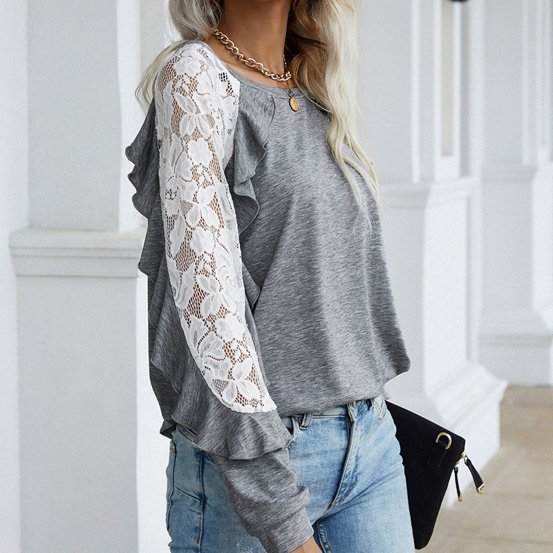 Loose Lace Long-sleeved Blouse Women's Round Neck Solid Color Casual
