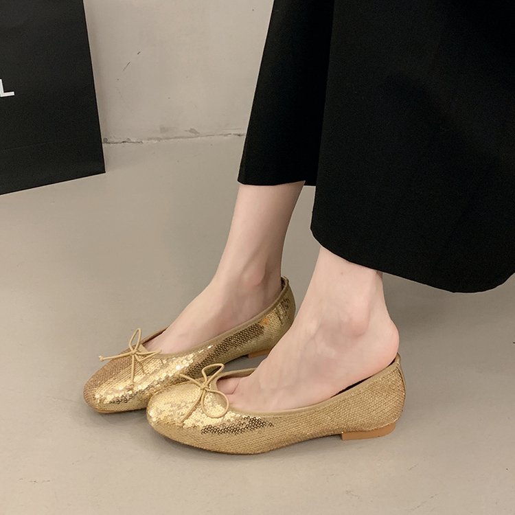 Shiny Gold Sequin Ballerina Flats, Casual Comfortable Flat Shoes For Women