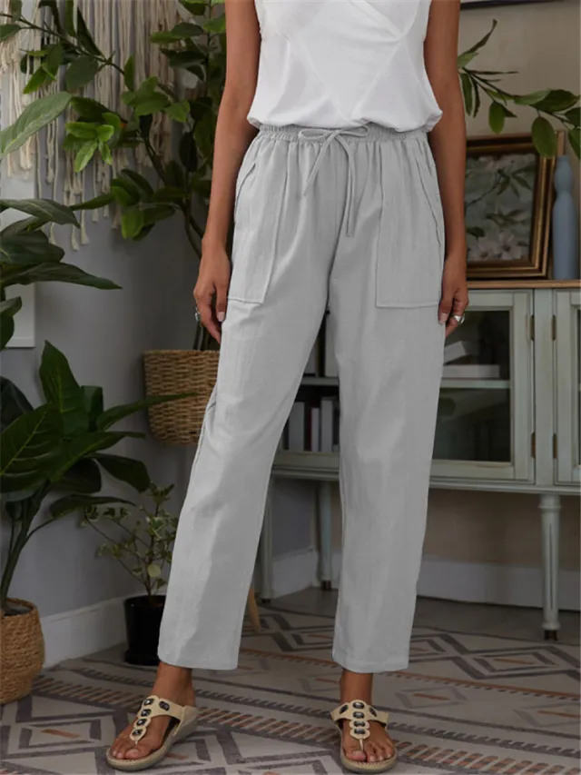 Solid Color Big Pockets Elastic Waist Cotton Linen Loose Ladies Grey - Shop at LoveMi