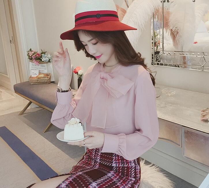 Women's Long Sleeve Bow Organza Chiffon Shirt