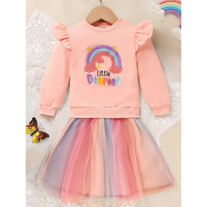 Baby Girls Rainbow Skirt Set Letters Embroidery Long Sleeve Sweatshirt Tops & Rainbow Tutu Skirt Outfits — foto 7