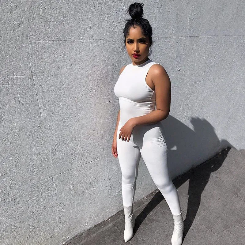 Round Neck Stitching Jumpsuit Women - White