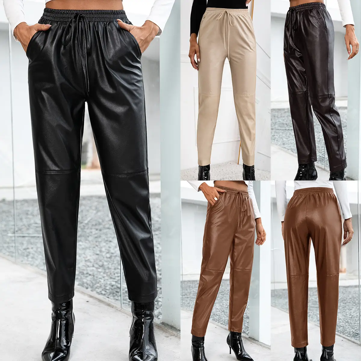 Casual Loose Motorcycle PU Elastic Leather Trousers