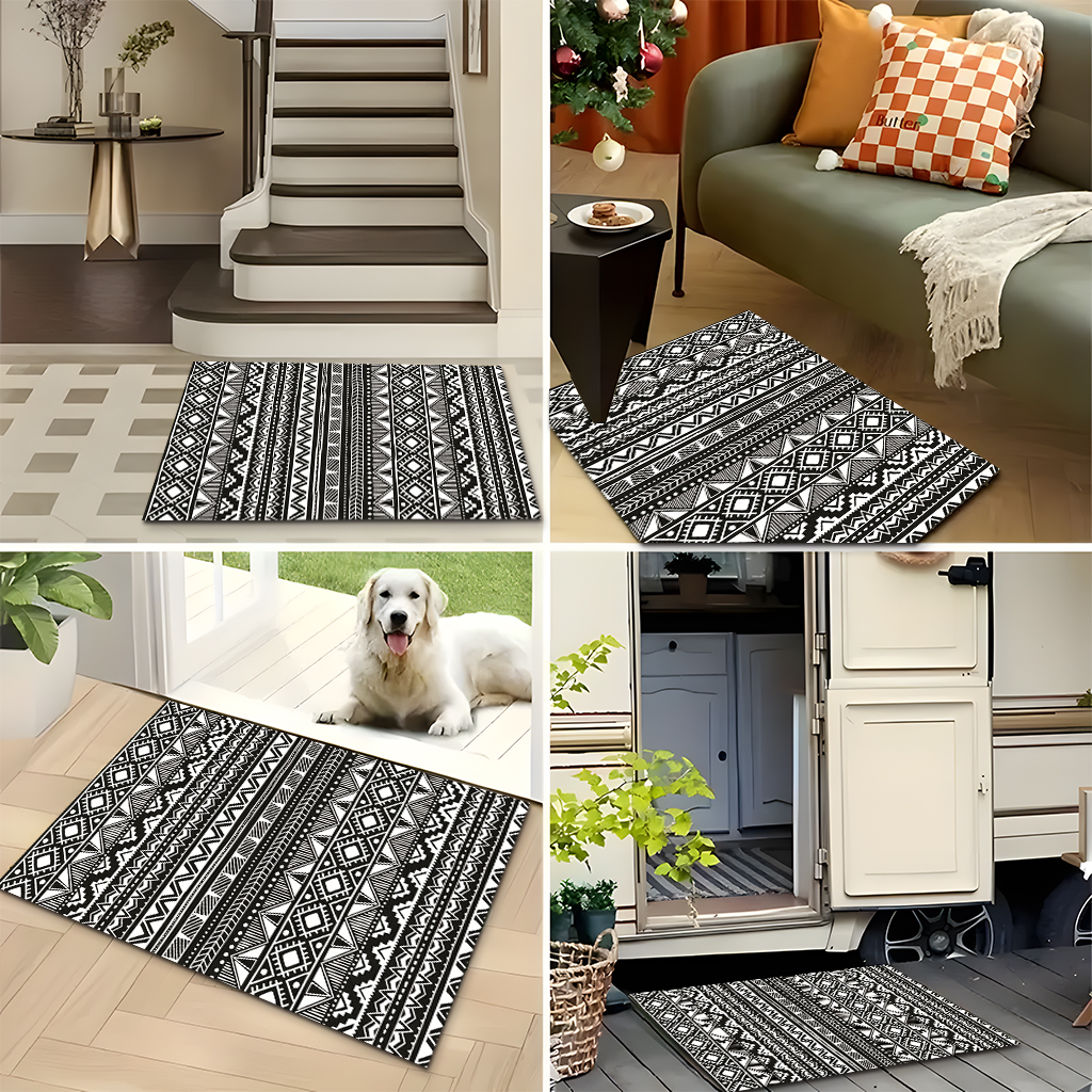 Black And White Geometric Ethnic Style Kitchen Carpet Three-piece Set Fashionable And Cool Artistic Sense Full Of Anti-skid And Stain Resistance Can Also Create A Kitchen Advanced Atmosphere Cashmere- 5