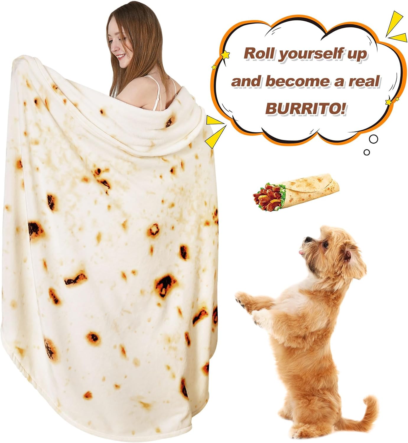 Rainbean 71-inch Burritos Double Sided Blankets Adult Size, Tortilla Blanket For Kids, Cool Stuff Gifts For Man And Boys, Novelty Food Wrap Blanket, Taco Blankets For Birthday Gifts White Elephant