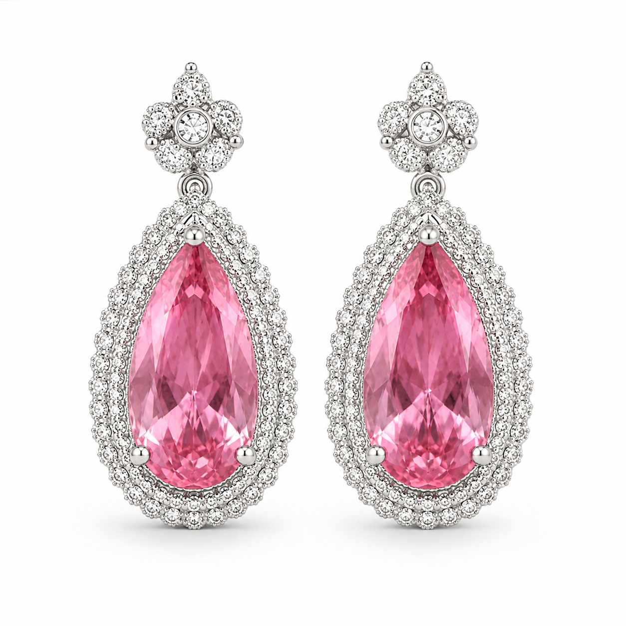 Pink Gem Floral Halo Double Drop Earrings