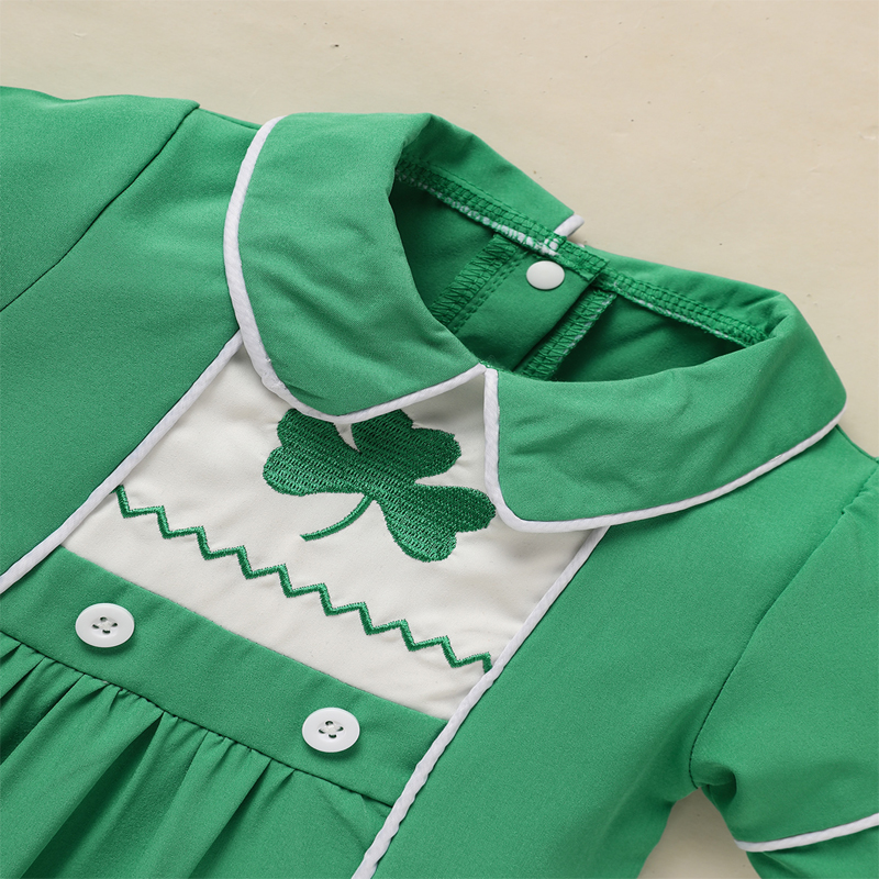 Baby Green Lapel Short Sleeve Romper Clover Print Button Detail Playsuit With Snap Closure