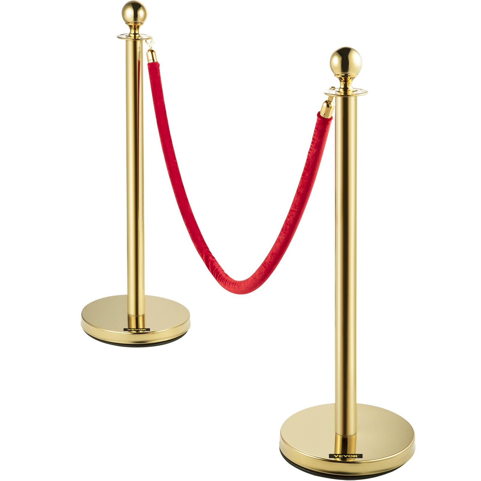 Velvet Ropes And Posts, 5 Ft-1.5 M Red Rope, Stainless Steel Gold Stanchion With Ball Top, Red Crowd Control Barrier Used For Theaters, Party, Wedding, Exhibition, Ticket Offices Pack Sets -6