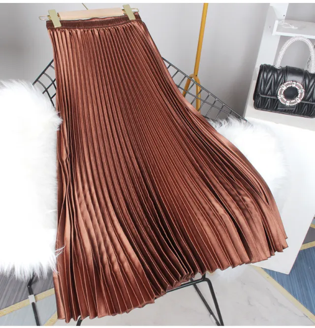 Solid Color Satin Women's High waisted Pleated Skirt Elegant Coffee - Shop at LoveMi