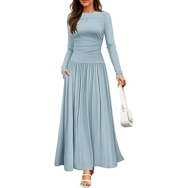Women's Elegant Ruffle Detail Dress, Solid Color Round Neck Long Sleeve Knit Dress With Pockets Sky Blue - Shop at LoveMi
