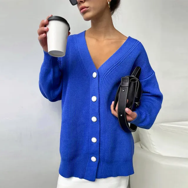Large Size Casual Solid Color Cardigan Ladies In Autumn And Winter Blue - Shop at LoveMi