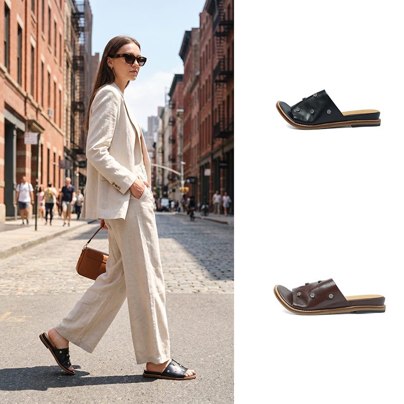 Women's Premium Full Grain Leather Studded Slide Sandals, Open Toe Flat Mules