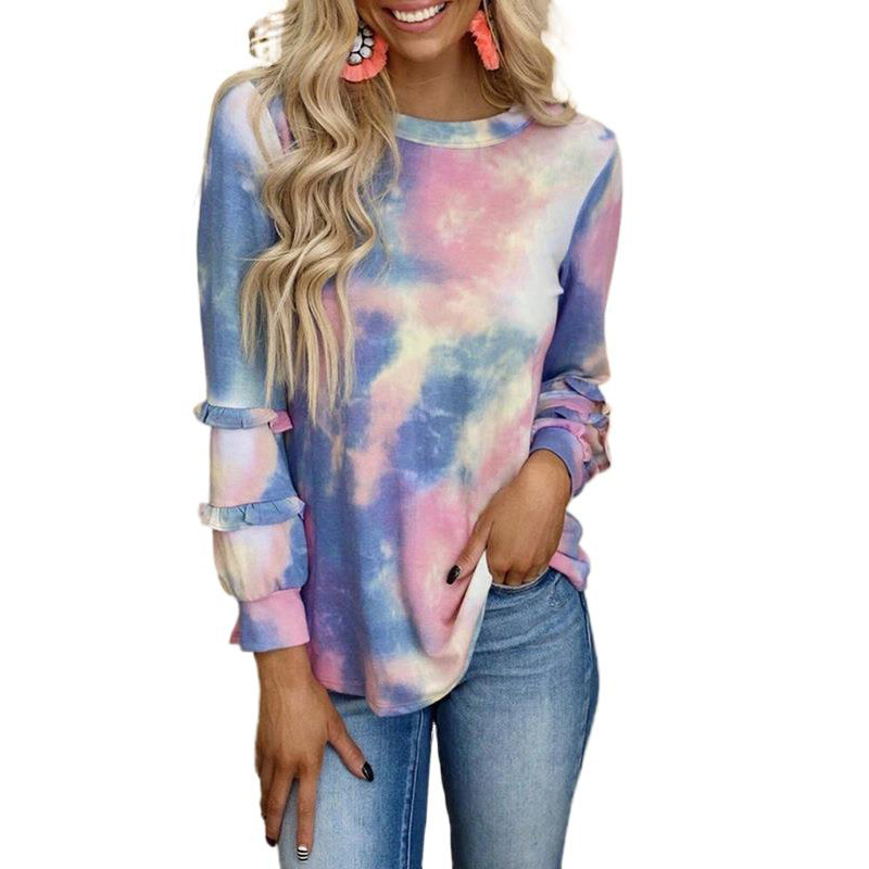 Printed Long-Sleeved Stitching Ruffled Round Neck Casual Ladies Top