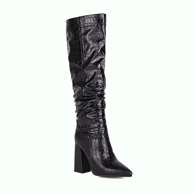 Block heeled High heeled High Boots With Embossed Leather Pointed Toe Black - Shop at LoveMi