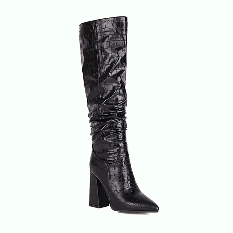 Block-heeled High-heeled High Boots With Embossed Leather Pointed Toe - Black