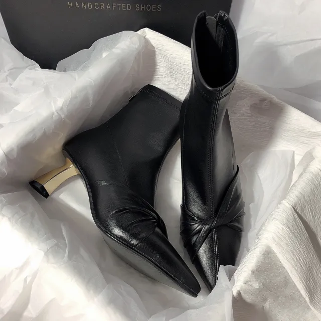 Women's New High heeled Bow Korean Style Elastic Ankle Boots Black - Shop at LoveMi