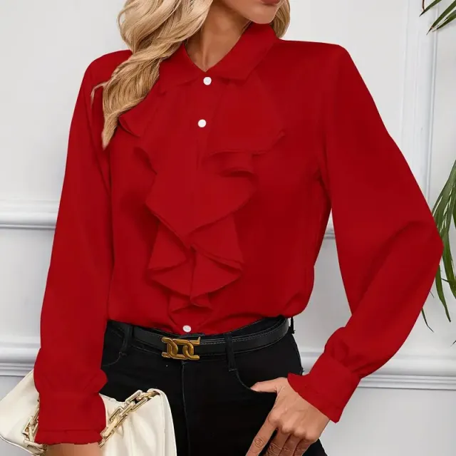 Women's Ruffled Collared Blouse, Long Sleeve Dressy Casual Shirt, Fall Business Casual Work Tops Red - Shop at LoveMi