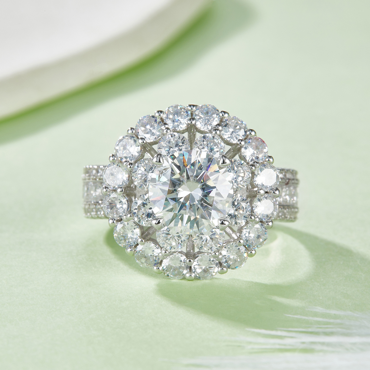 S925 Sterling Silver 2ct Moissanite Ring, 8mm D-VVS1 Double Halo Pave Band, Platinum Plated US Sizes 5-9 GRA Certified Gift Box 3