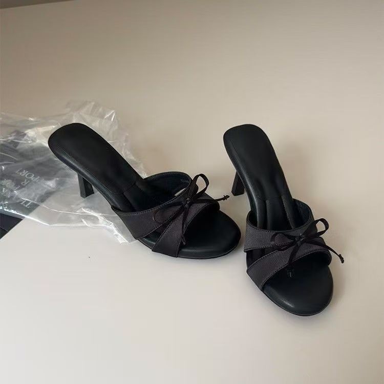 Women Nude Pointed Toe Thin Heel Bow Decor Slide Sandals, 2026 New Summer Sexy Stiletto High Heel Footwear product image