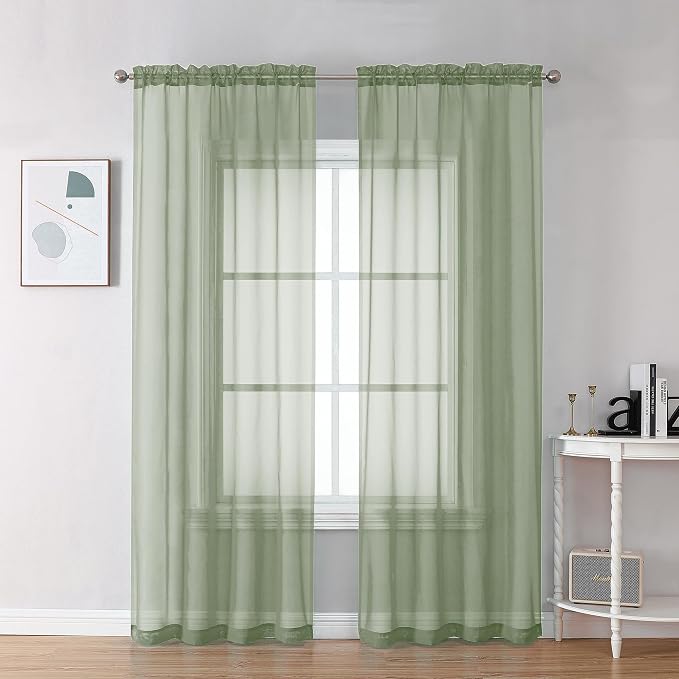 2-Piece Sage Green Sheer Bedroom Curtains, Lightweight Soft Window Panels, 84-Inch Length For Living Room And Guest Room