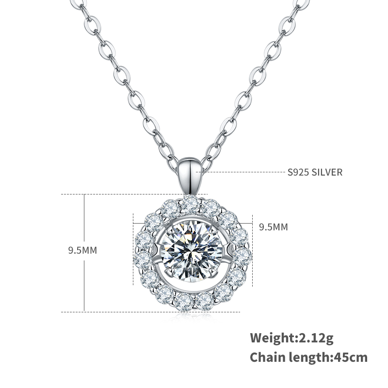 Collier Halo Moissanite 0.5ct D VVS1 Argent 925 Plaqué Platine 45cm